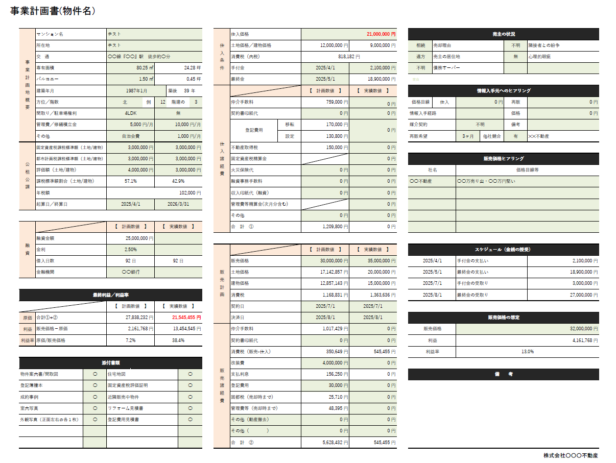 買取再販用事業計画書Excelテンプレート